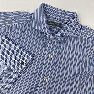 Hickey‎ Freeman Mens Dress Shirt White Blue Stripe French Cuff Shirt 16 R- 35